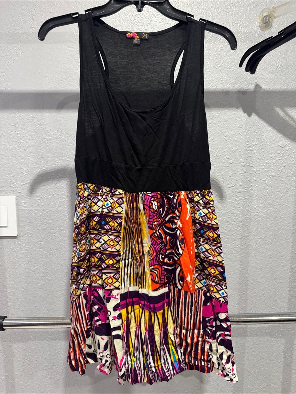 Forever 21 Black Top Multicolor Mixed-Print Mini Dress